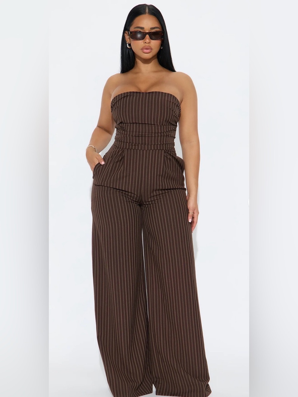 Fashion Nova Strapless Brown Pinstripe Wide-Leg Jumpsuit